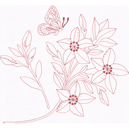 Flowers in blossom with butterfly (Redwork)